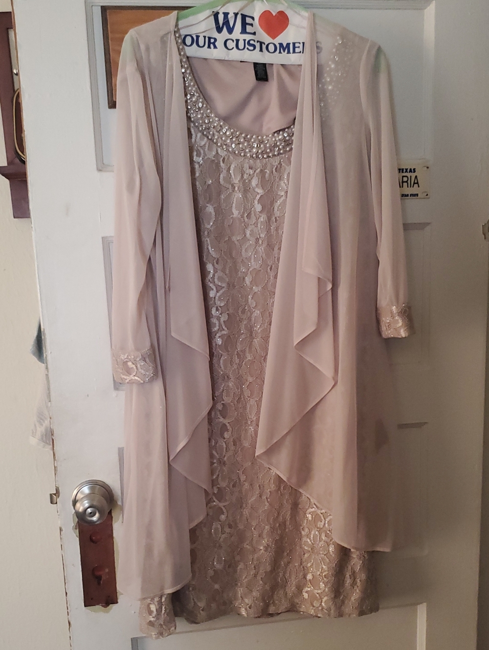 Beaded Neckline Lace A-Line Dress with Sheer Duster in Blush